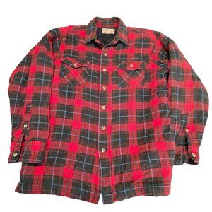 Vintage‎ 70s Arrow Quilted Flannel Shirt L Black Red Plaid Pockets Chore Retro
